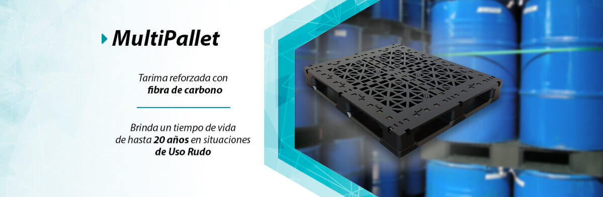 Tarima de plastico Multi Pallet, diseñada para durar años en funcionamiento, reforzada con perfiles de fibra de carbono.