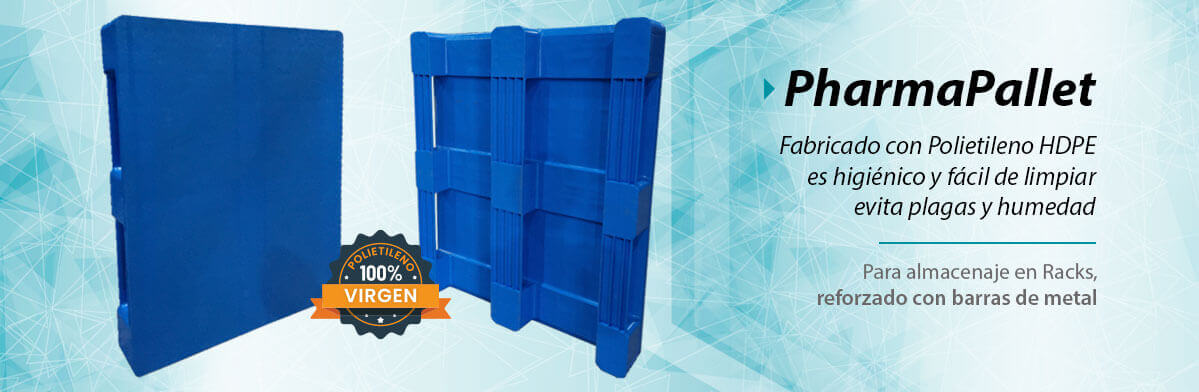 Tarima de plastico Pharma Pallet, superficie cerrada, tarima color azul para industria alimenticia y farmaceútica.